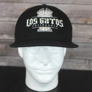 LOS GATOS CALIFORNIA Mesh Back Trucker Hat Men Black Snap Back White Logo Front